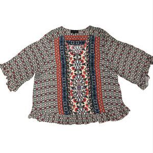 Cynthia Rowley Blouse‎ Women 2X Multicolor Bohemian Floral V-Neck Bell Sleeve